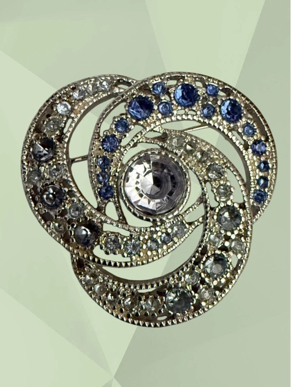 Vintage 1980's Silver Tone Ombre Blue Rhinestone Swirl Pinwheel Brooch Pin